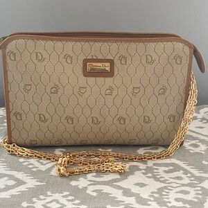Christian Dior Honeycomb Canvas Clutch with Unbranded Gold Tone Shoulder Strap